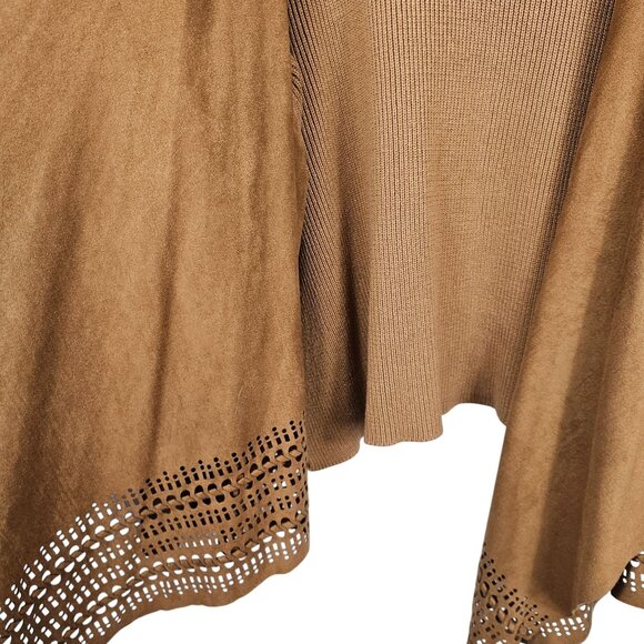 Womens 3X Open Front Brown Cardigan Faux Suede Laser-Cut Hem Stretch Long Sleeve - Picture 7 of 12